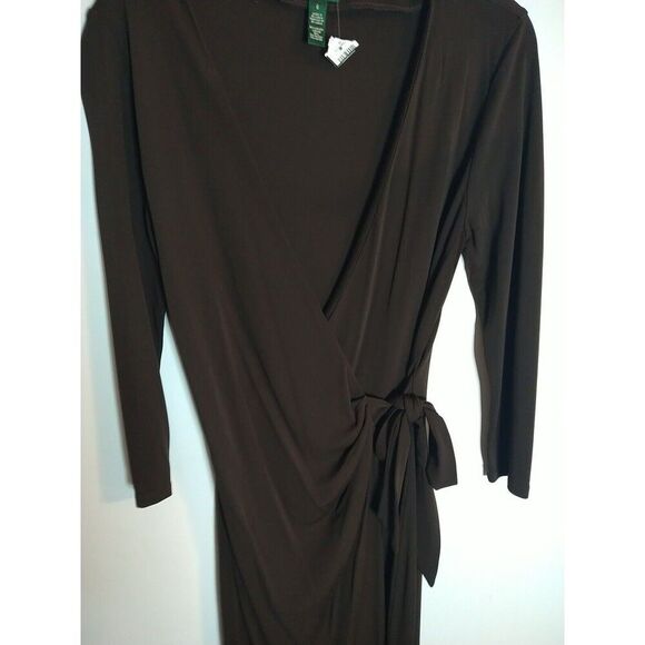 Lauren Ralph Lauren Wrap Vneck Midi Length Long Sleeve Dress 6 Brown Classic - Picture 5 of 8